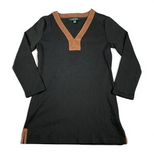 Ralph Lauren Faux Suede Trim V Neck Long Sleeve Top Black Brown Small